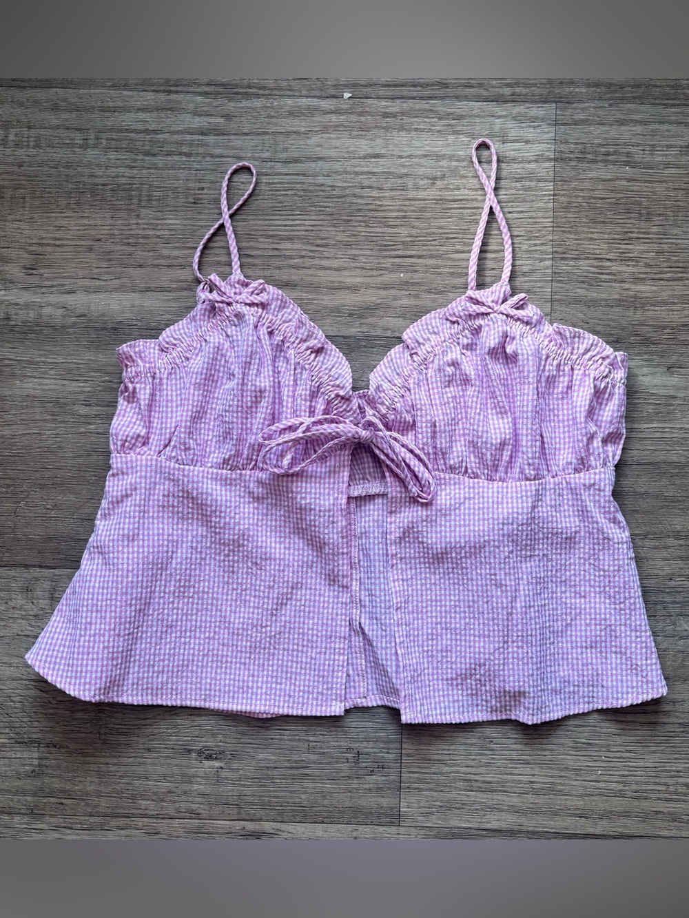 Pink Gingham Seersucker Tie-Front Spaghetti Strap Camisole Coquette Femenine